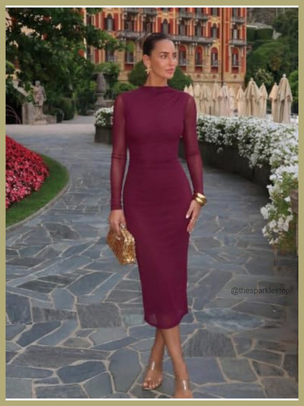 Mesh Sheer Long Sleeve Bodycon Midi Dress, Mock Neck Wedding Guest Cocktail - Picture 4 of 6